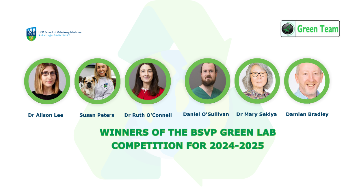 Group image featuring the UCD School of Veterinary Medicine’s Green Team — Dr Alison Lee, Susan Peters, Dr Ruth O'Connell, Daniel O’Sullivan, Dr Mary Sekiya, and Damien Bradley — winners of the BSVP Green Lab Competition 2024–2025. Includes UCD and Green Team logos.